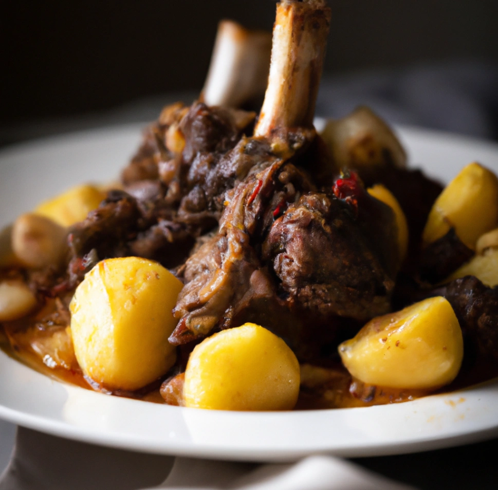 Mediterranean lamb shank stew with roasted potatoes and garlic